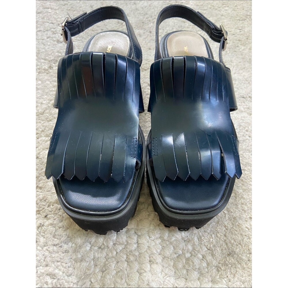 All Black Kiltie Navy Fringe Platform Chunky Sandals - Picture 4 of 9